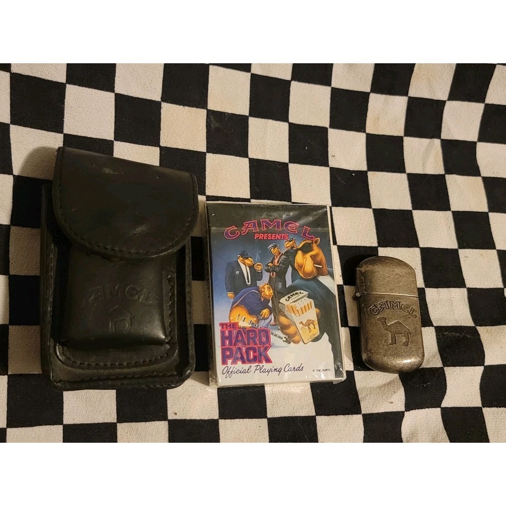 Vintage Camel Collection Lot – Lighter, Leather Case & 1991 "Hard Pack" Cards
